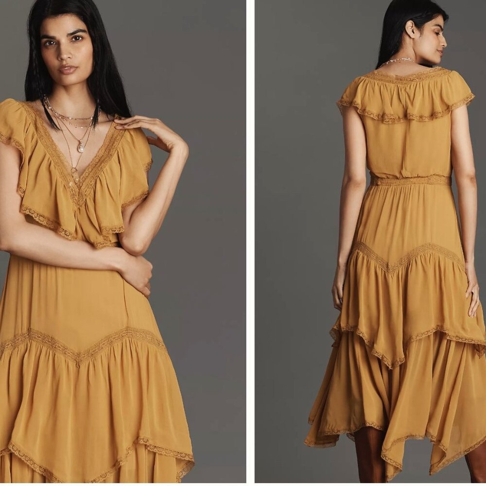 Anthropologie Short Sleeve V-Neck ruffle Midi Dress